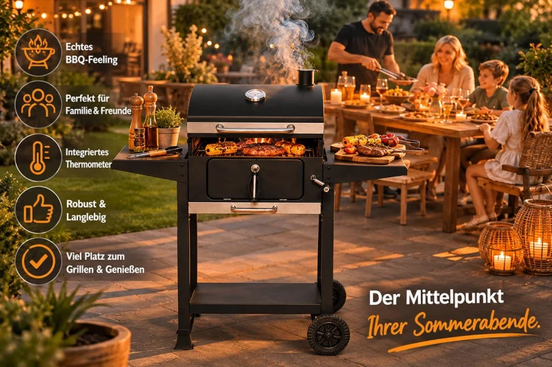 Holzkohlegrill mit Deckel und Thermometer - Mustang Laguna Grillwagen